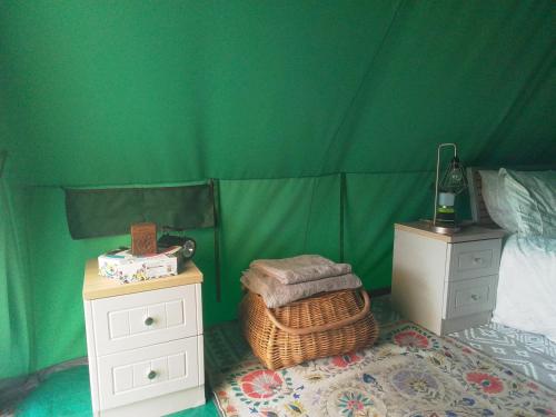 1 dormitorio con cama y pared verde en Mountain View en Caernarfon