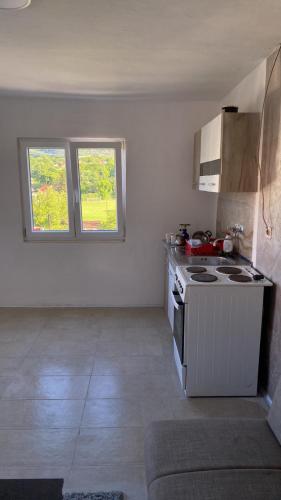 een kleine keuken met een fornuis en een raam bij Julija 
