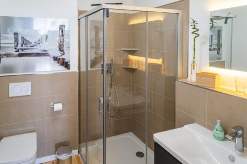 a bathroom with a shower and a toilet and a sink at Penthouse am Meer Barth in Barth