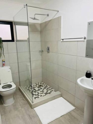 y baño con ducha, aseo y lavamanos. en Motswedi 1 bedroom apartment B9, en Gaborone
