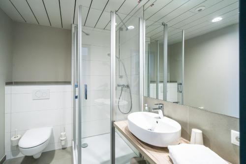 La salle de bains est pourvue d'un lavabo et d'une douche. dans l'établissement WIROtel Warnemünde, à Warnemünde