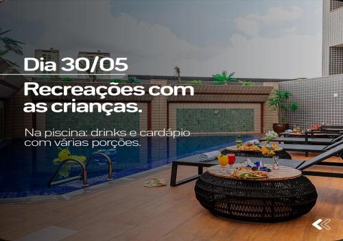 a magazine advertisement for a patio with a table with food at Hotel Dan Inn Uberlandia in Uberlândia