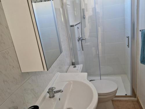 łazienka z toaletą, umywalką i prysznicem w obiekcie Appartement Hyères : 2 pièces, jardin privé, proche plage et port, WIFI, parking - FR-1-335-161 w Hyères