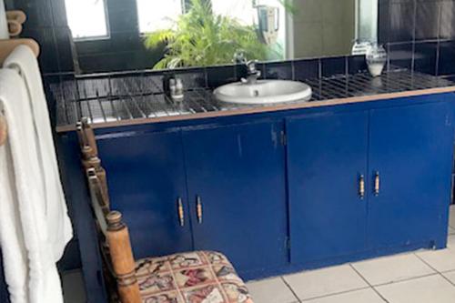 y baño con tocador azul y lavabo. en Janke Guest House en Kuruman