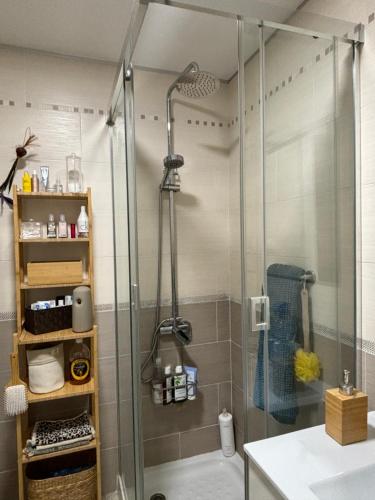 a shower with a glass door in a bathroom at Lucia Guest House Beach - apartamento Family, Friends & Fun PET FRIENDLY in Málaga