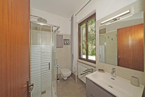 een badkamer met een wastafel, een toilet en een spiegel bij Maison du Pralonc - Cielo in Tremosine Sul Garda