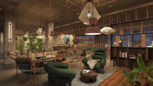 a rendering of a lobby with green furniture at Hilton Garden Inn Debrecen City Centre in Debrecen