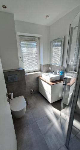 a bathroom with a white toilet and a sink at Wattwurm in Wangerooge