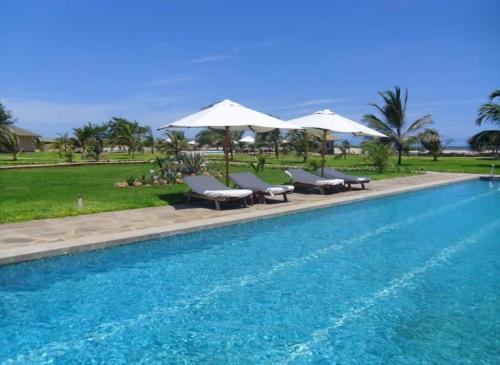 a swimming pool with lounge chairs and umbrellas next to at Tembo Court Apartments in Malindi