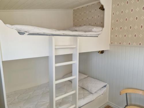 a bunk bed in a small room with a ladder at Korskullens Stugor in Söderköping