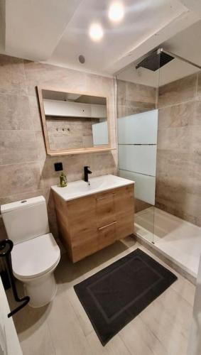 une salle de bain avec toilettes, lavabo et douche dans l'établissement Grand T5 avec patio et Sauna à 5mn à pied de la Plage des Catalans, à Marseille