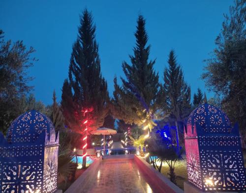 a garden at night with lights and trees at sweet home in Marrakech
