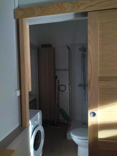 une petite salle de bain avec toilettes et lavabo dans l'établissement Studio confortable avec balcon à Aix-les-Bains, à Aix-les-Bains