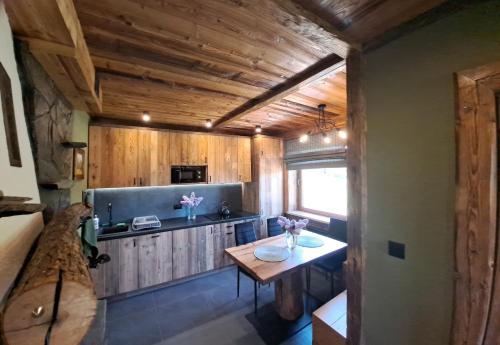 a kitchen with wooden walls and a table in a room at Domki pod sosnami in Kacwin