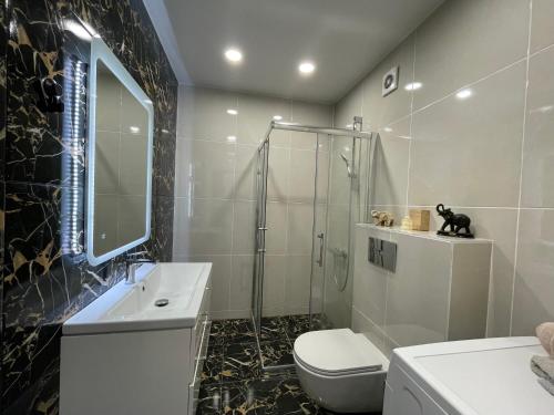 La salle de bains est pourvue d'une douche, de toilettes et d'un lavabo. dans l'établissement 15 minutes to old town, à Vilnius