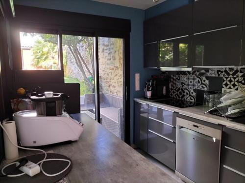 une cuisine avec un mixeur sur un comptoir dans une cuisine dans l'établissement Charmante maison de ville, au Mans