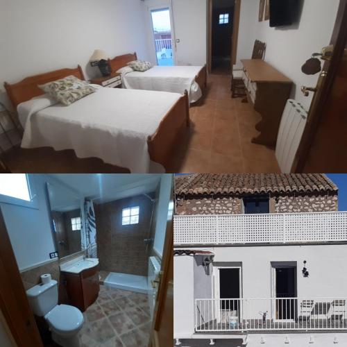 2 fotos de una habitación con 2 camas y una casa en Habitación Higuera, en Lumpiaque