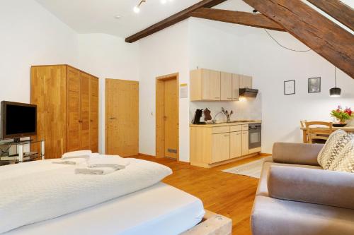 a room with a bed and a couch and a kitchen at Appartement Im Hof, 36qm in Schenkenzell