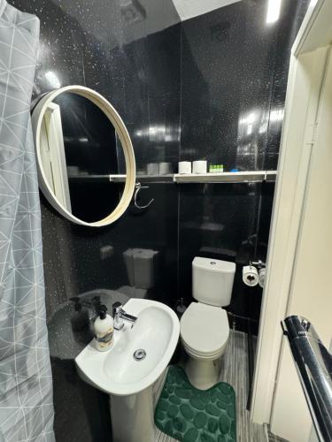 a bathroom with a toilet and a sink and a mirror at Number 40 in Blackpool