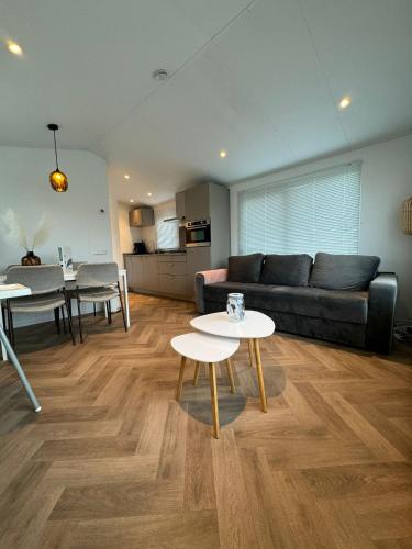 a living room with a couch and a table at Chalet op vakantiepark Molenhoek in Kamperland