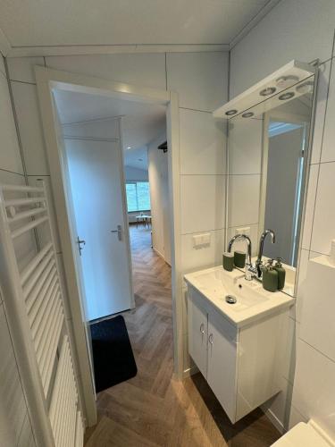 a bathroom with a sink and a mirror at Chalet op vakantiepark Molenhoek in Kamperland