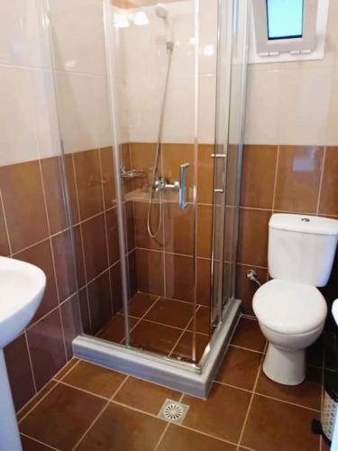 a bathroom with a shower with a toilet and a sink at Sea Side Serenity 7 in Himare