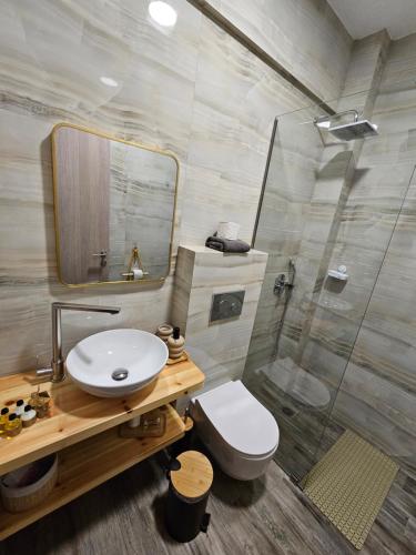 a bathroom with a toilet and a sink and a shower at Marivar living in Nea Fokea