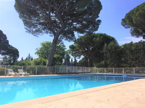 une piscine avec un arbre en arrière-plan dans l'établissement Villa Perdrix, à Grimaud