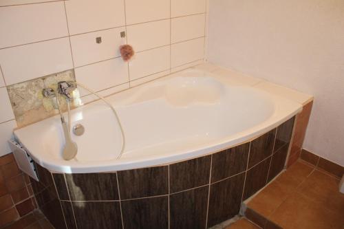 eine Badewanne mit Dusche im Bad in der Unterkunft Vejmenek 