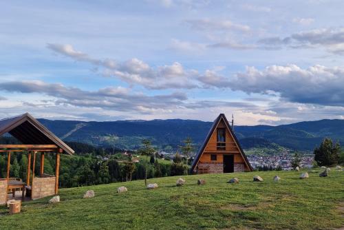 a group of sheep grazing on a hill next to a house at Vikendica Tromedja Pale in Pale