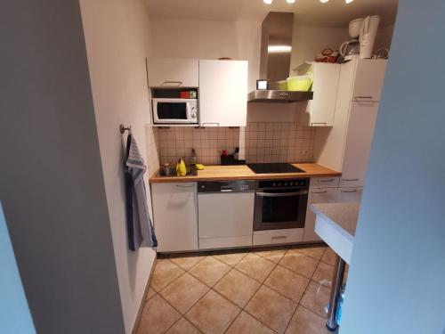 a small kitchen with white appliances and white cabinets at Exclusive Panorama Spa Suiten DAS SCHILLER in Bad Gastein