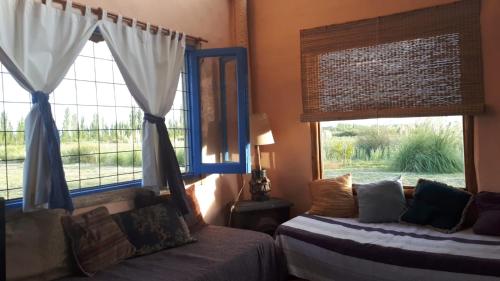 a bedroom with two windows and a bed and a couch at Cabaña de Pez in San Rafael