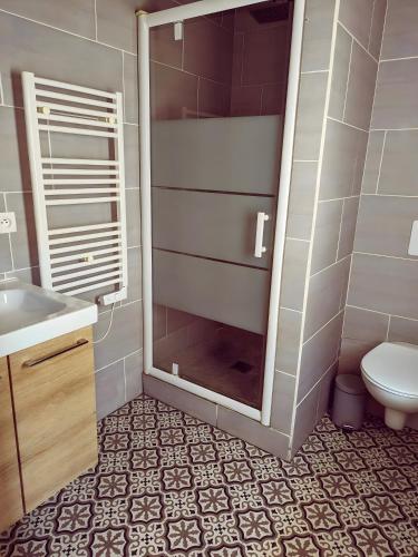 La salle de bains est pourvue de toilettes et d'une porte de douche en verre. dans l'établissement La Fourmi - Maison avec piscine à Lacanau Lac, à Lacanau