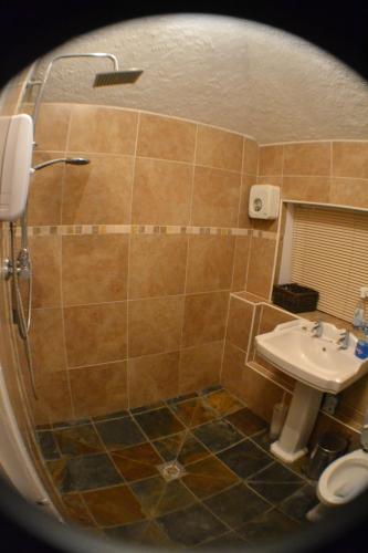 a bathroom with a shower and a sink at North Lodge Kilmun in Kilmun