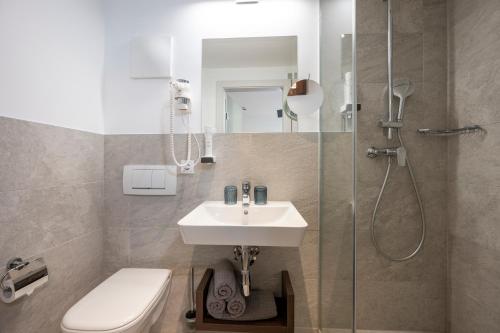 a bathroom with a sink and a shower and a toilet at Salzburg Hotel Lilienhof in Salzburg