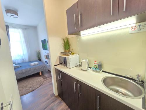 a kitchen with a sink and a microwave at 8 Small studio apartment in Klaipėda