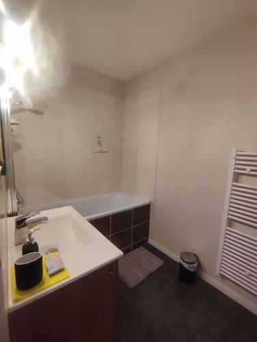 une salle de bain avec un lavabo et une baignoire dans l'établissement Appart 4 p au calme vue forêt, à Saint-Jean-de-Monts