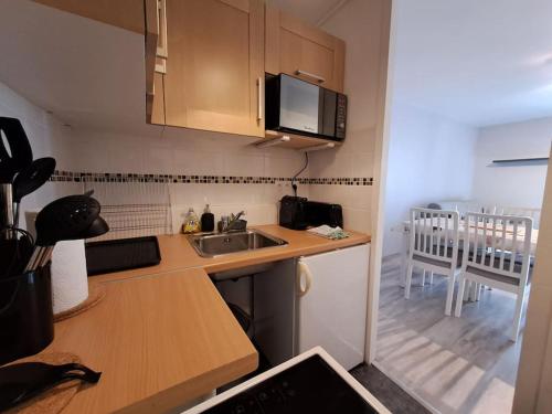 une petite cuisine avec un évier et un micro-ondes dans l'établissement Appart 4 p au calme vue forêt, à Saint-Jean-de-Monts