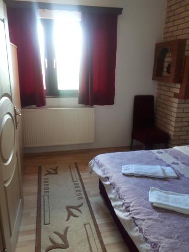een slaapkamer met een bed, een raam en een tapijt bij Apartman Break 2 in Bijeljina