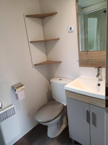 une petite salle de bain avec toilettes et lavabo dans l'établissement Mobil-home 6/8 personnes au Domaine de Kerlann, Pont-Aven, à Pont-Aven