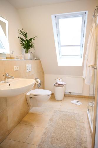 a bathroom with a toilet and a sink and a window at Haus Burgsponheim in Burgsponheim