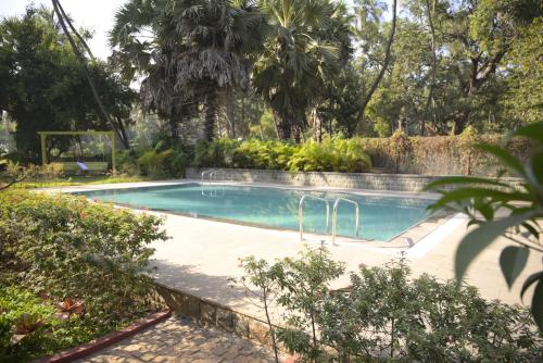 a swimming pool in a yard with trees at Tattvamasi Retreat in Mumbai