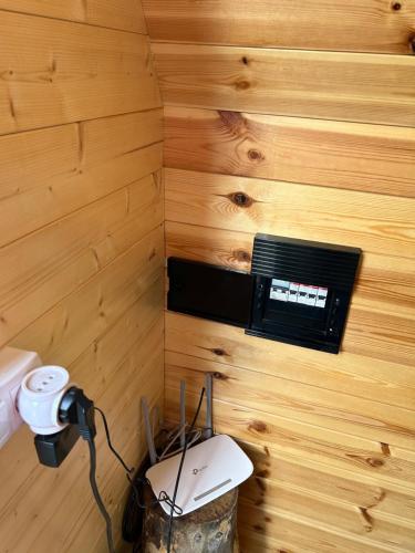 a small room with a toilet in a wooden wall at Ramona in Ambrolauri