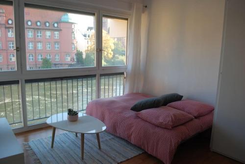 un salon avec un canapé et une grande fenêtre dans l'établissement Petite France, Studio de charme vue sur l'Ill, à Strasbourg