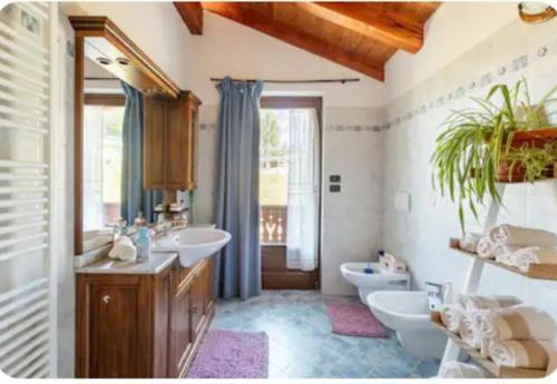 a bathroom with two sinks and two toilets at La maison rose in Brissogne