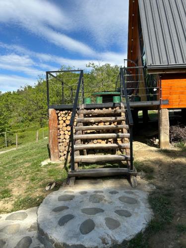a wooden stairway to a building with a pile of logs at Ramona in Ambrolauri