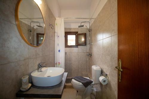 uma casa de banho com um lavatório, um WC e um espelho. em Harrys bar & apartments em Acharavi
