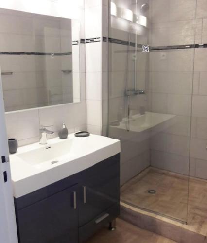 a bathroom with a sink and a glass shower at Appartement en résidence avec terrasse, piscine in Oyster Pond