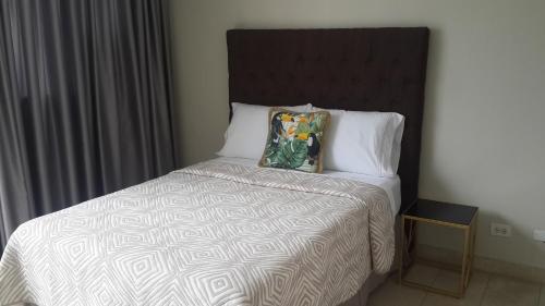 Un dormitorio con una cama con una almohada encima. en Room with the Oh Wow! View & Roof Top, en Panamá