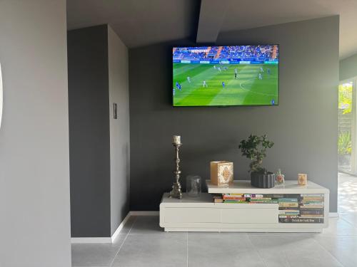 a living room with a tv on a wall at Kékmadár Vendégház Alsómégy in Homokmégy
